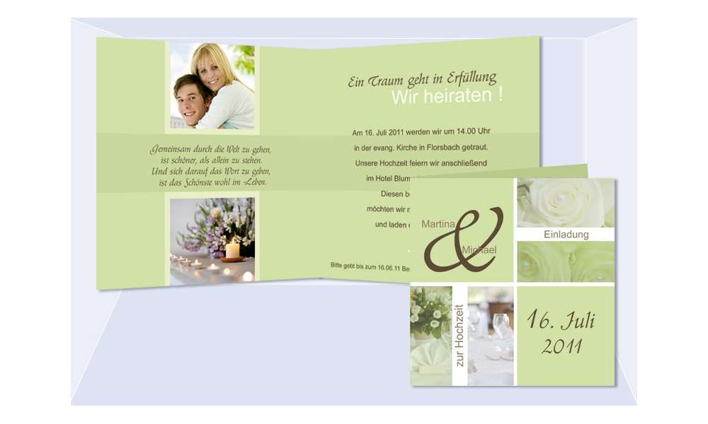 Einladungskarte Hochzeit "Stilvoll", Klappkarte Quadrat, grün