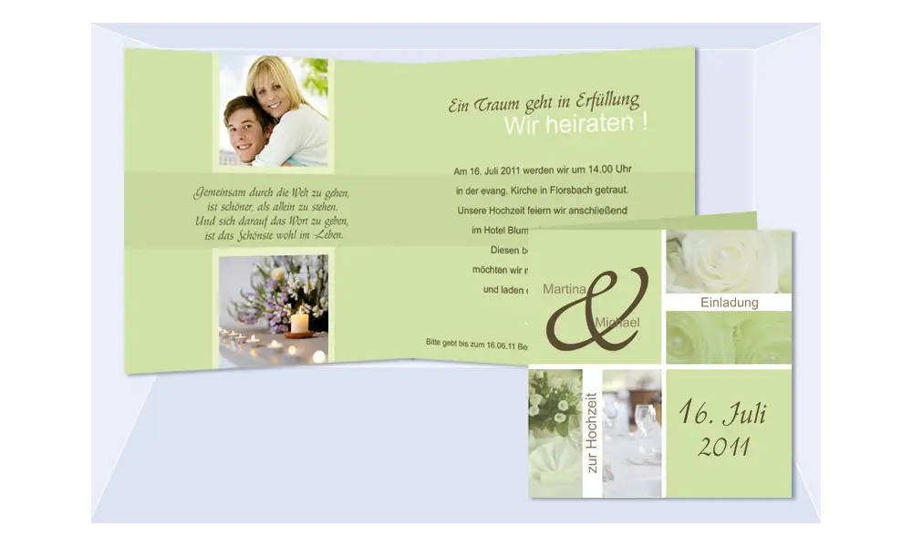 Einladungskarte Hochzeit "Stilvoll", Klappkarte Quadrat, grün