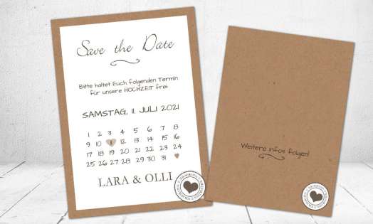 Einladungskarten Hochzeit save the date Kraftpapier Banderole Herz Stempel Vintage