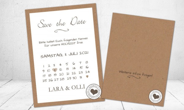 Einladungskarten Hochzeit save the date Kraftpapier Banderole Herz Stempel Vintage