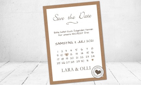 Einladungskarten Hochzeit save the date Kraftpapier Banderole Herz Stempel Vintage