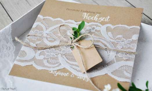 Einladungskarten Hochzeit Vintage Kraftpapier Spitze weiß rustikal edel