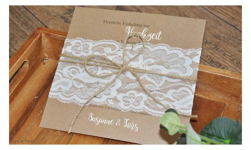Einladungskarten Hochzeit Vintage Kraftpapier Spitze weiß rustikal edel