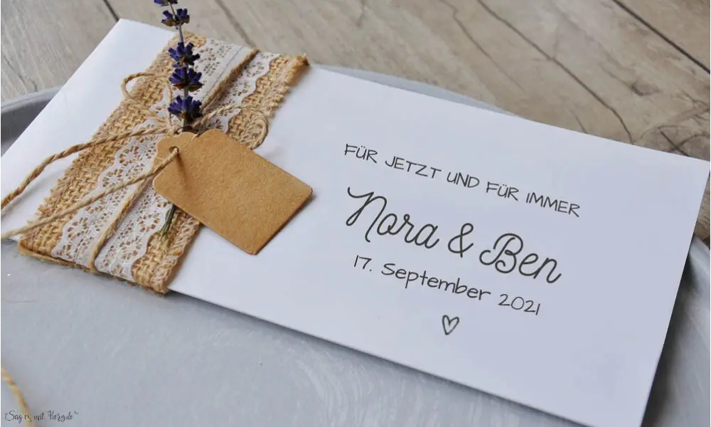 Einladungskarten Hochzeit Vintage Jutesack Spitze mit Lavendel