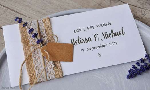 Einladungskarten Hochzeit Vintage Jutesack Spitze mit Lavendel