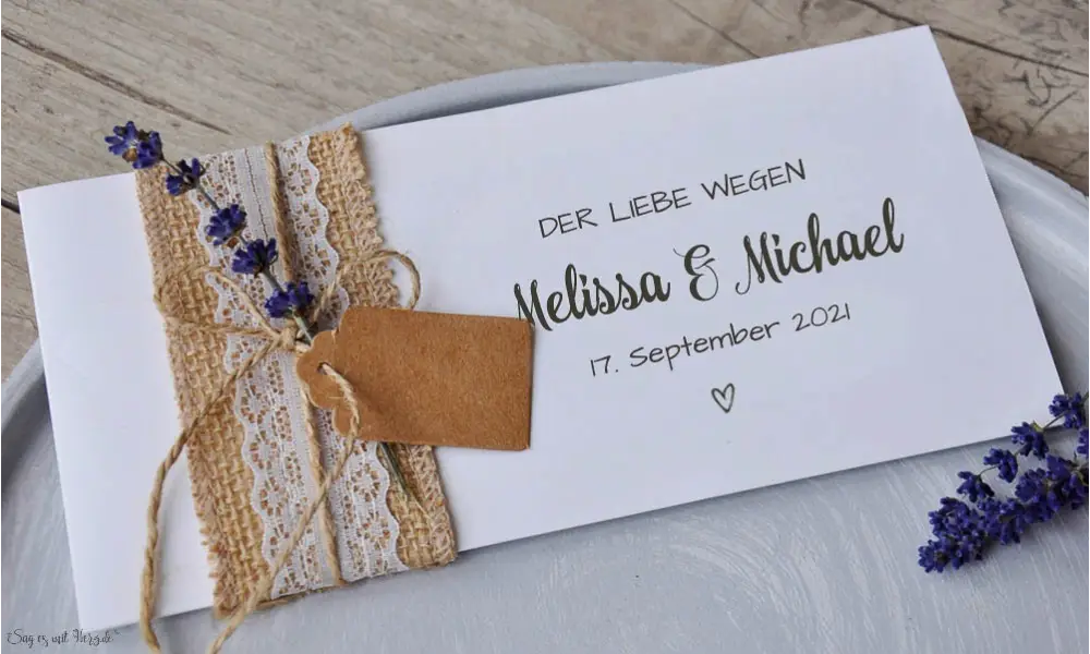 Einladungskarten Hochzeit Vintage Jutesack Spitze mit Lavendel