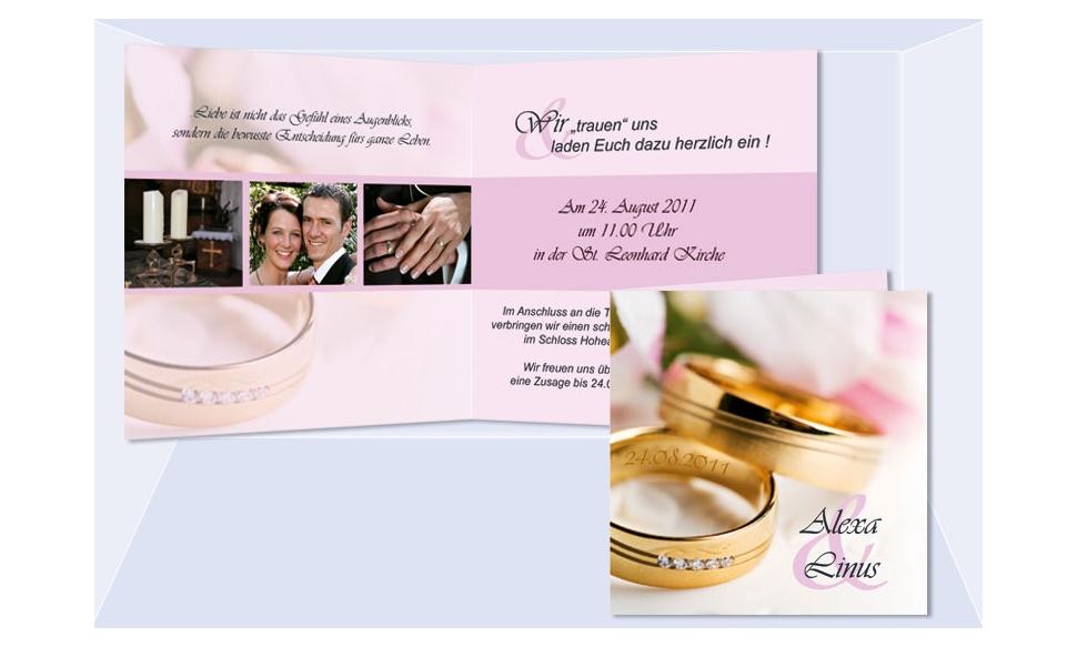 Einladungskarte Hochzeit "Ringe", Klappkarte Quadrat, rosa