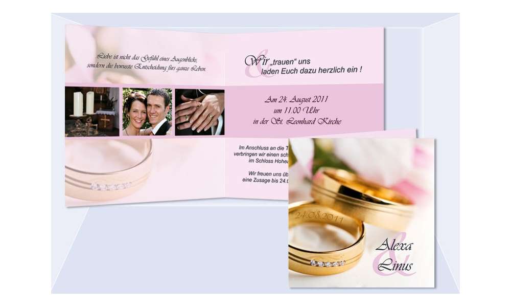 Einladungskarte Hochzeit "Ringe", Klappkarte Quadrat, rosa Einladungskarte Hochzeit "Ringe", Klappkarte Quadrat, rosa