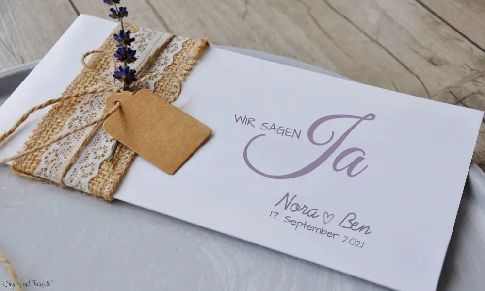 Einladungskarten Hochzeit Vintage Jutesack Spitze mit Lavendel