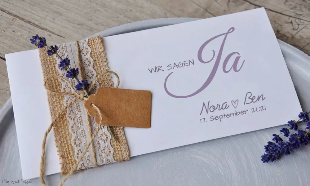 Einladungskarten Hochzeit Vintage Jutesack Spitze mit Lavendel