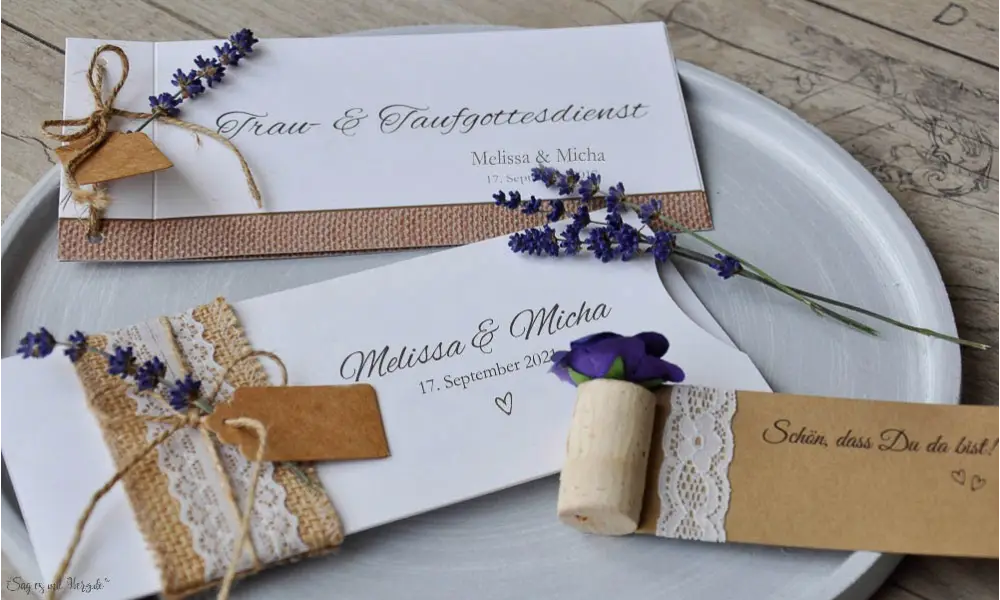 Einladungskarten Hochzeit Vintage Jutesack Spitze mit Lavendel