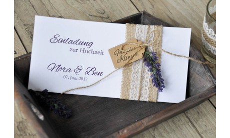 Einladungskarten Hochzeit Vintage Jutesack Spitze mit Lavendel
