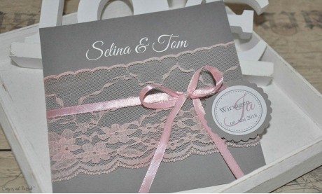 Vintage Einladungskarten Hochzeit Spitze rosa grau anthrazit