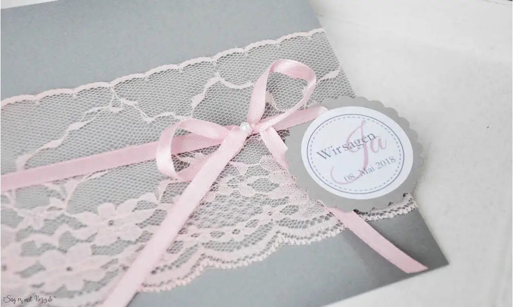Vintage Einladungskarten Hochzeit Spitze rosa grau anthrazit
