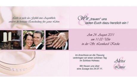 Einladungskarte Hochzeit "Ringe", Klappkarte Quadrat, rosa