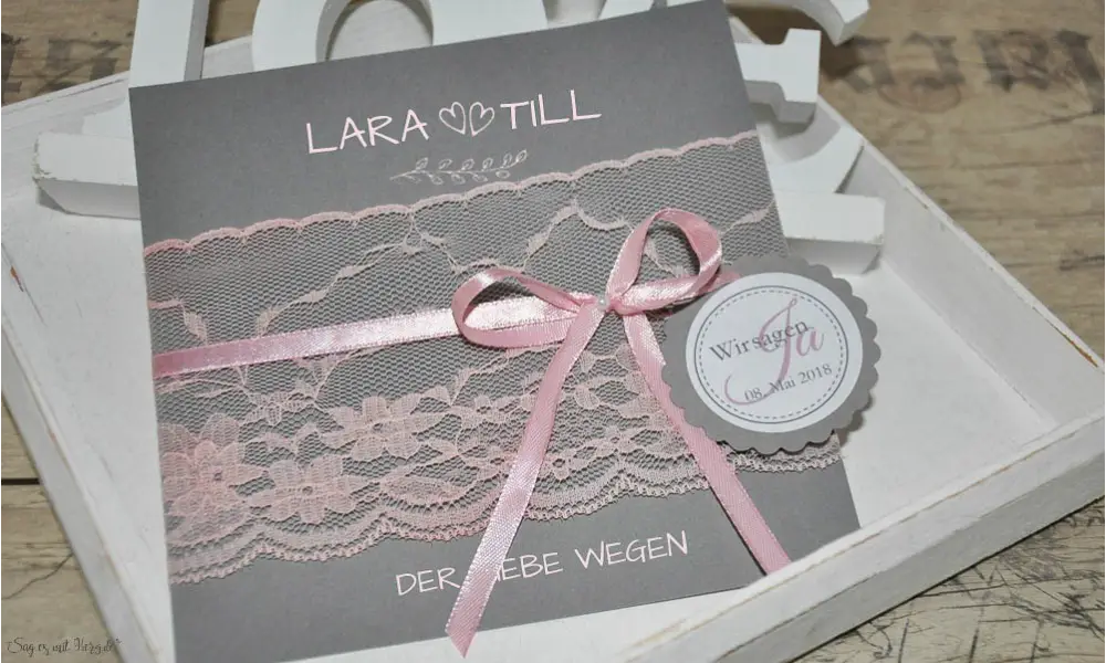 Einladungskarten Hochzeit grau, rosa Spitze