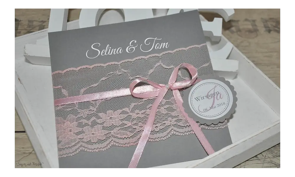 Vintage Einladungskarten Hochzeit Spitze rosa grau anthrazit