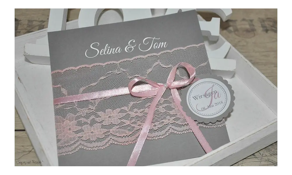 Vintage Einladungskarten Hochzeit Spitze rosa grau anthrazit