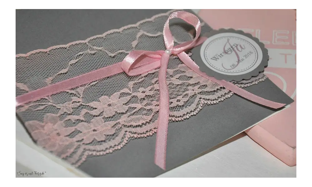 Vintage Einladungskarten Hochzeit Spitze rosa grau anthrazit