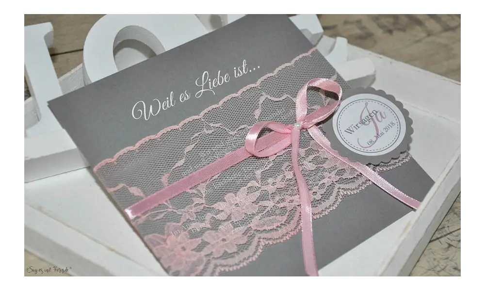 Vintage Einladungskarten Hochzeit Spitze rosa grau anthrazit