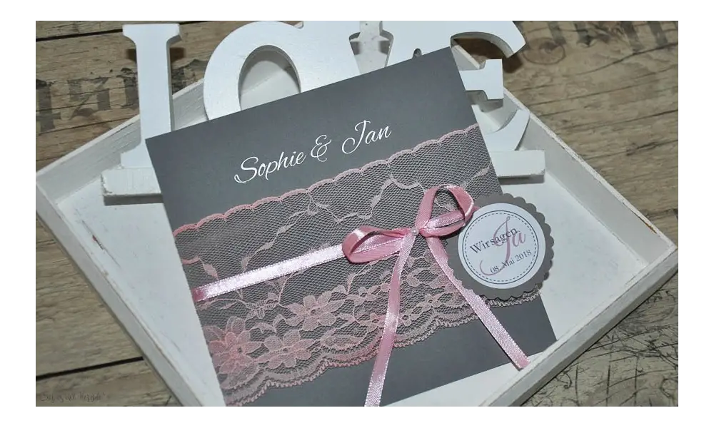 Vintage Einladungskarten Hochzeit Spitze rosa grau anthrazit