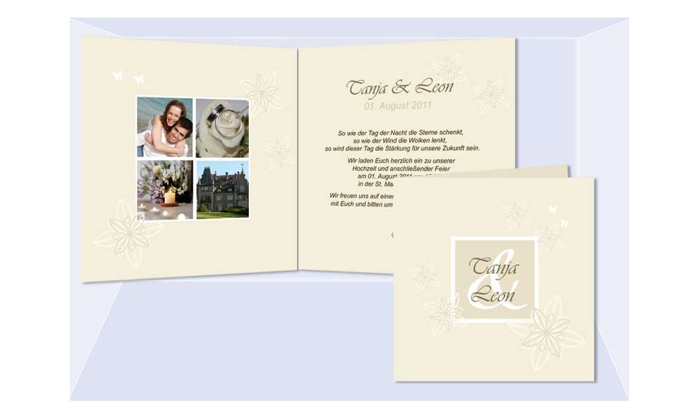 Einladungskarte Hochzeit "Klassich", Klappkarte Quadrat, creme
