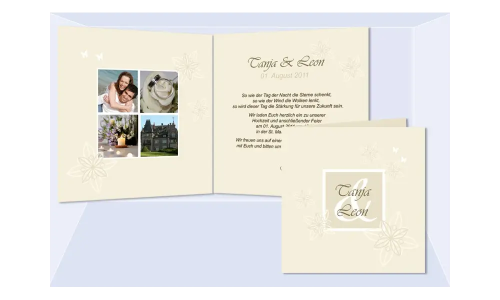 Einladungskarte Hochzeit "Klassich", Klappkarte Quadrat, creme