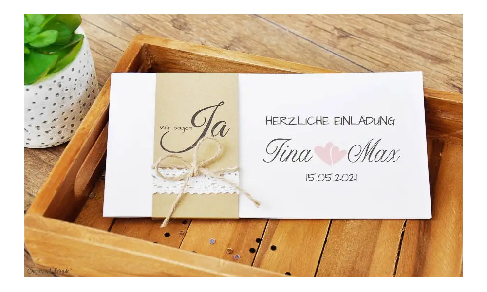 Einladungskarten Hochzeit Vintage Kraftpapier Banderole Spitze diy