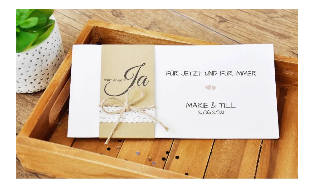 Einladungskarten Hochzeit Vintage Kraftpapier Banderole Spitze diy