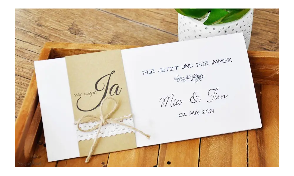 Einladungskarten Hochzeit Vintage Kraftpapier Banderole Spitze diy