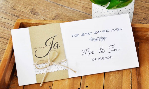 Einladungskarten Hochzeit Vintage Kraftpapier Banderole Spitze