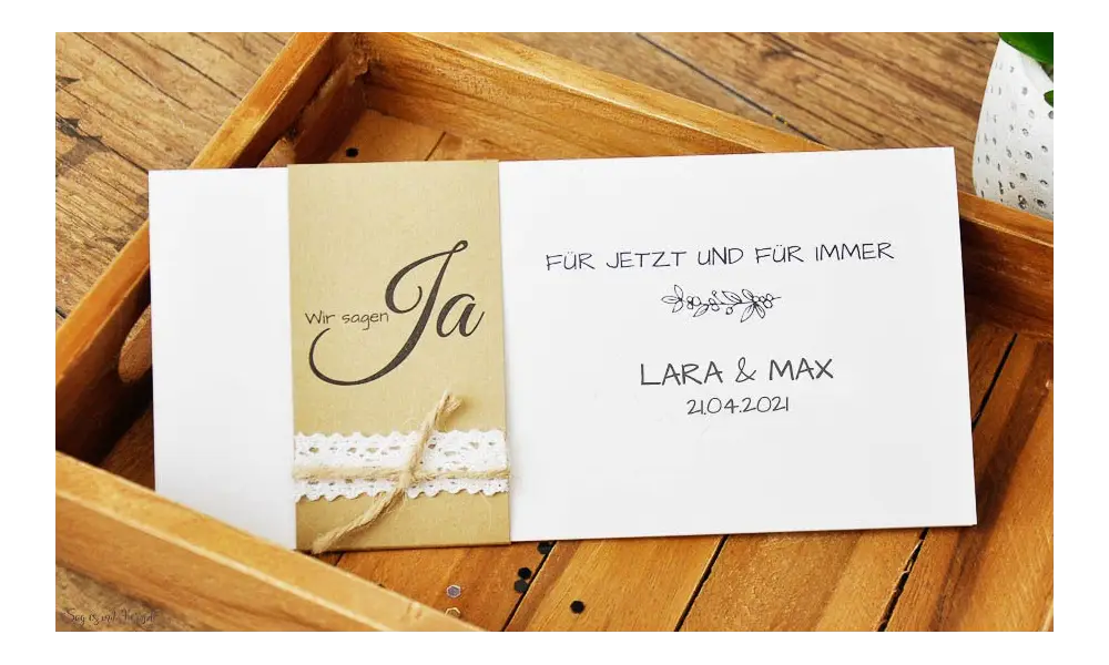 Einladungskarten Hochzeit Vintage Kraftpapier Banderole Spitze diy