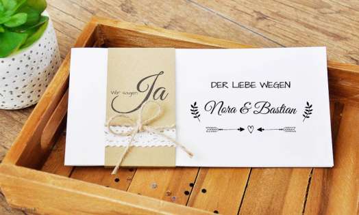 Einladungskarten Hochzeit Vintage Kraftpapier Banderole Spitze diy