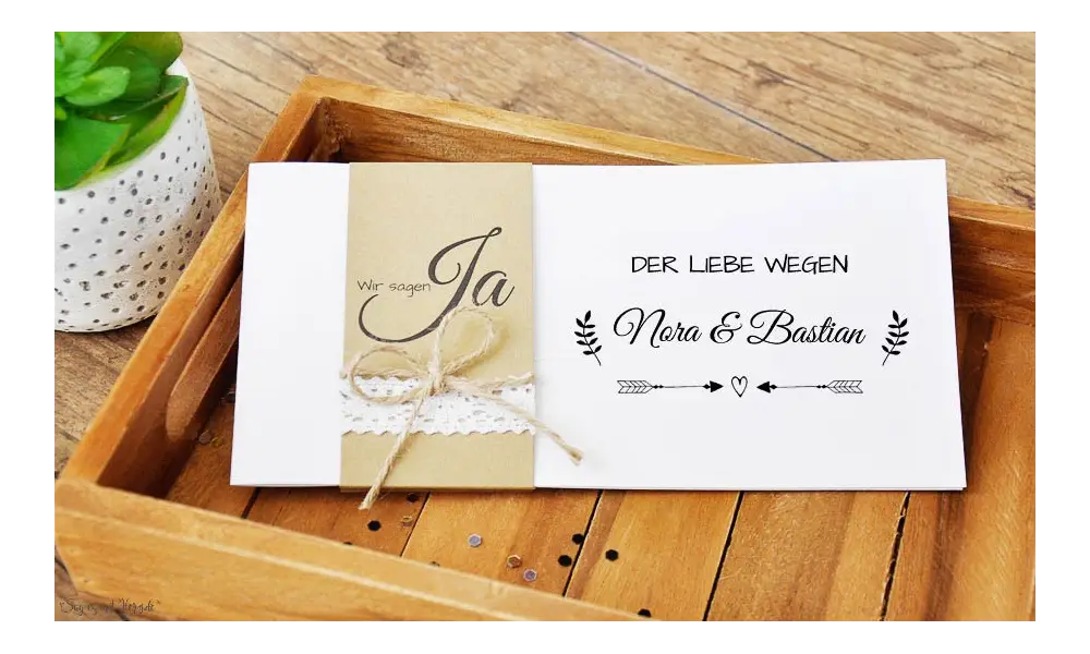 Einladungskarten Hochzeit Vintage Kraftpapier Banderole Spitze diy