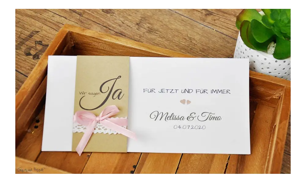 Vintage Einladungskarten Hochzeit Kraftpapier Banderole Spitze weiß rosa diy