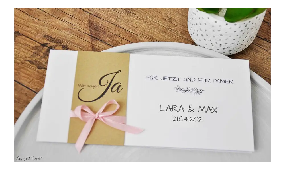 Vintage Einladungskarten Hochzeit Kraftpapier Banderole Spitze weiß rosa diy