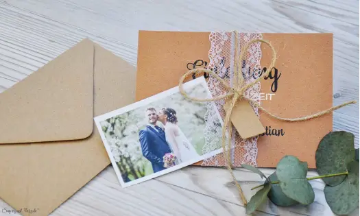 Hochzeitseinladung Kraftpapier diy Spitze weiß Vintage mit Foto