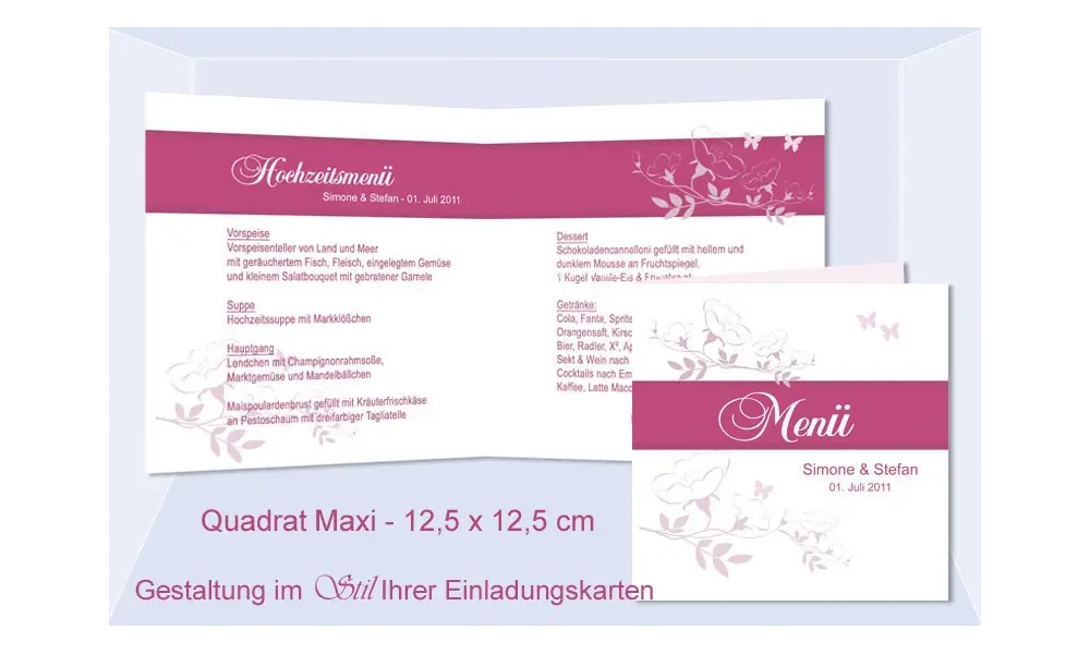 Menükarte, Getränkekarte, Hochzeitsmenü, Klappkarte Quadrat, weiß pink