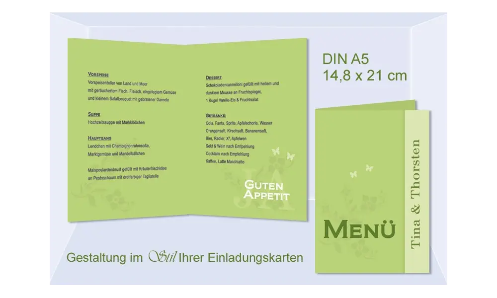 Menükarte, Getränkekarte, Hochzeitsmenü, Klappkarte A5