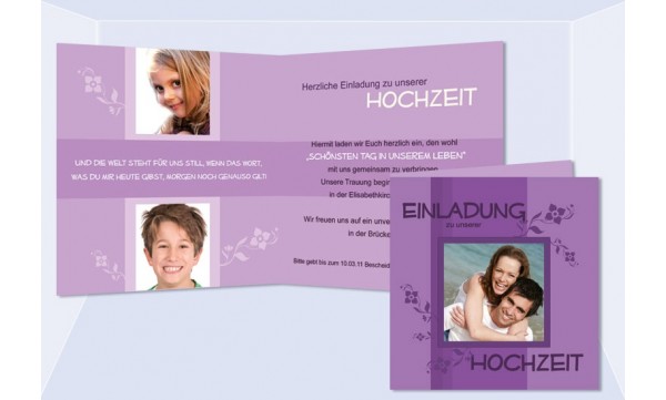 Einladungskarte Hochzeit "Blumenranken", Klappkarte Quadrat, lila