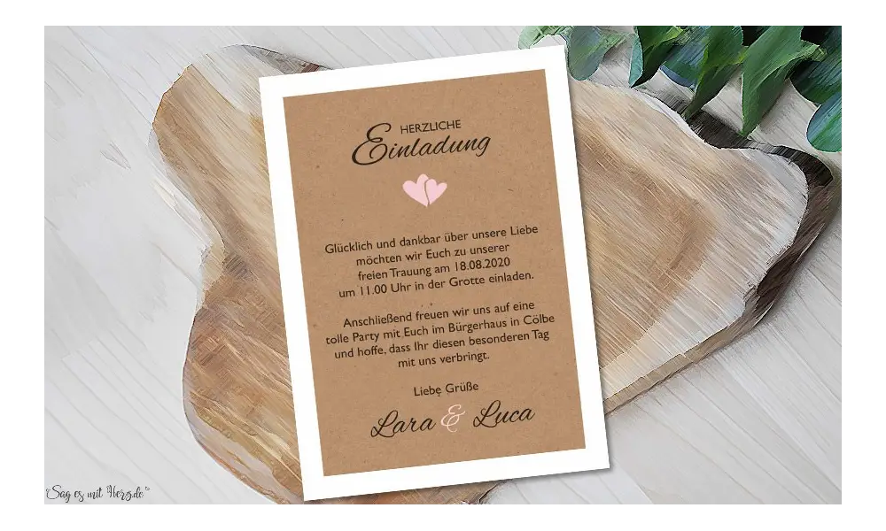 Hochzeitseinladung mit Spitze und Kraftpapier diy