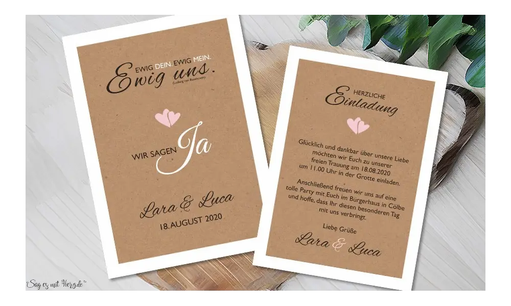 Hochzeitseinladung mit Spitze und Kraftpapier diy
