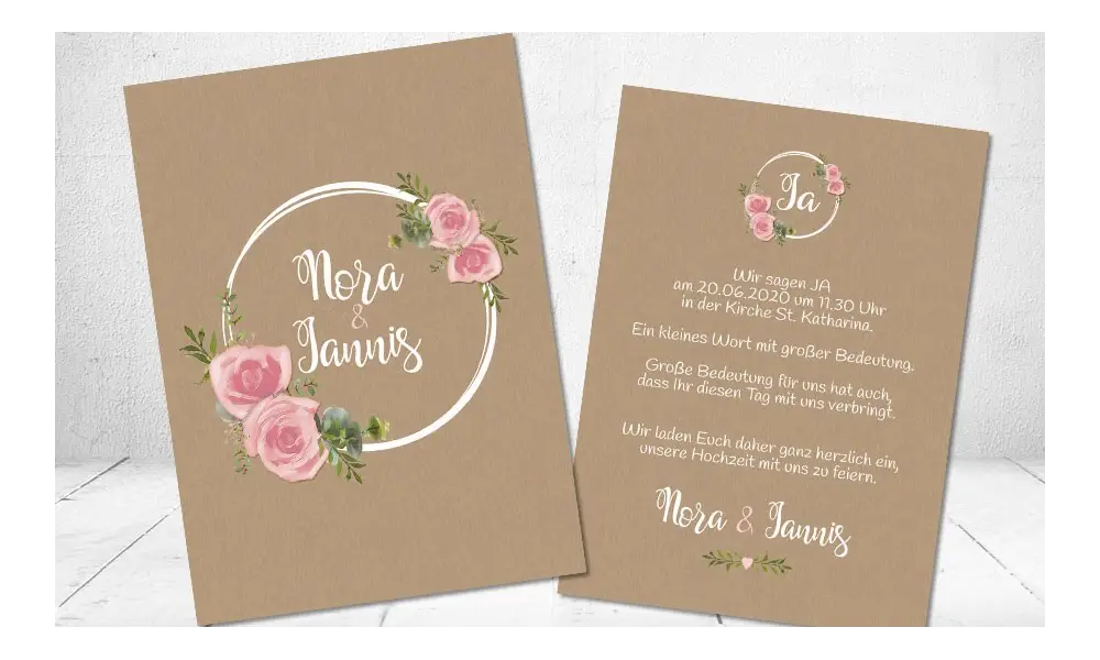 Hochzeitseinladung floral Vintage Spitze weiß Kraftpapier Blumen diy