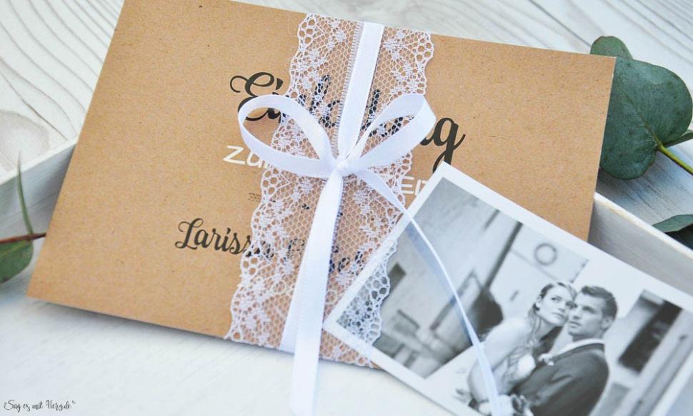Hochzeitseinladung Kraftpapier Spitze mit Foto Vintage diy