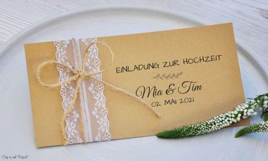 Einladungskarte Hochzeit Vintage Spitze mit Kraftpapier