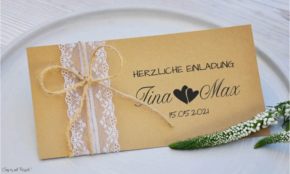 Einladungskarte Hochzeit Vintage Spitze mit Kraftpapier