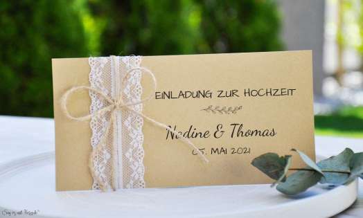 Einladungskarte Hochzeit Vintage Spitze mit Kraftpapier