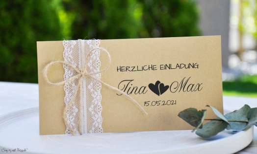 Einladungskarte Hochzeit Vintage Spitze mit Kraftpapier