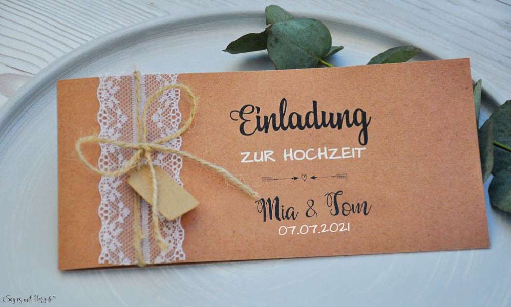 Hochzeitseinladung Kraftpapier Spitze Vintage diy