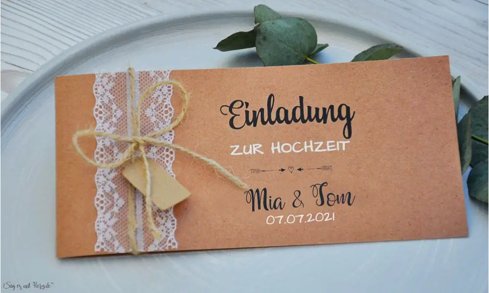 Hochzeitseinladung Kraftpapier Spitze Vintage diy